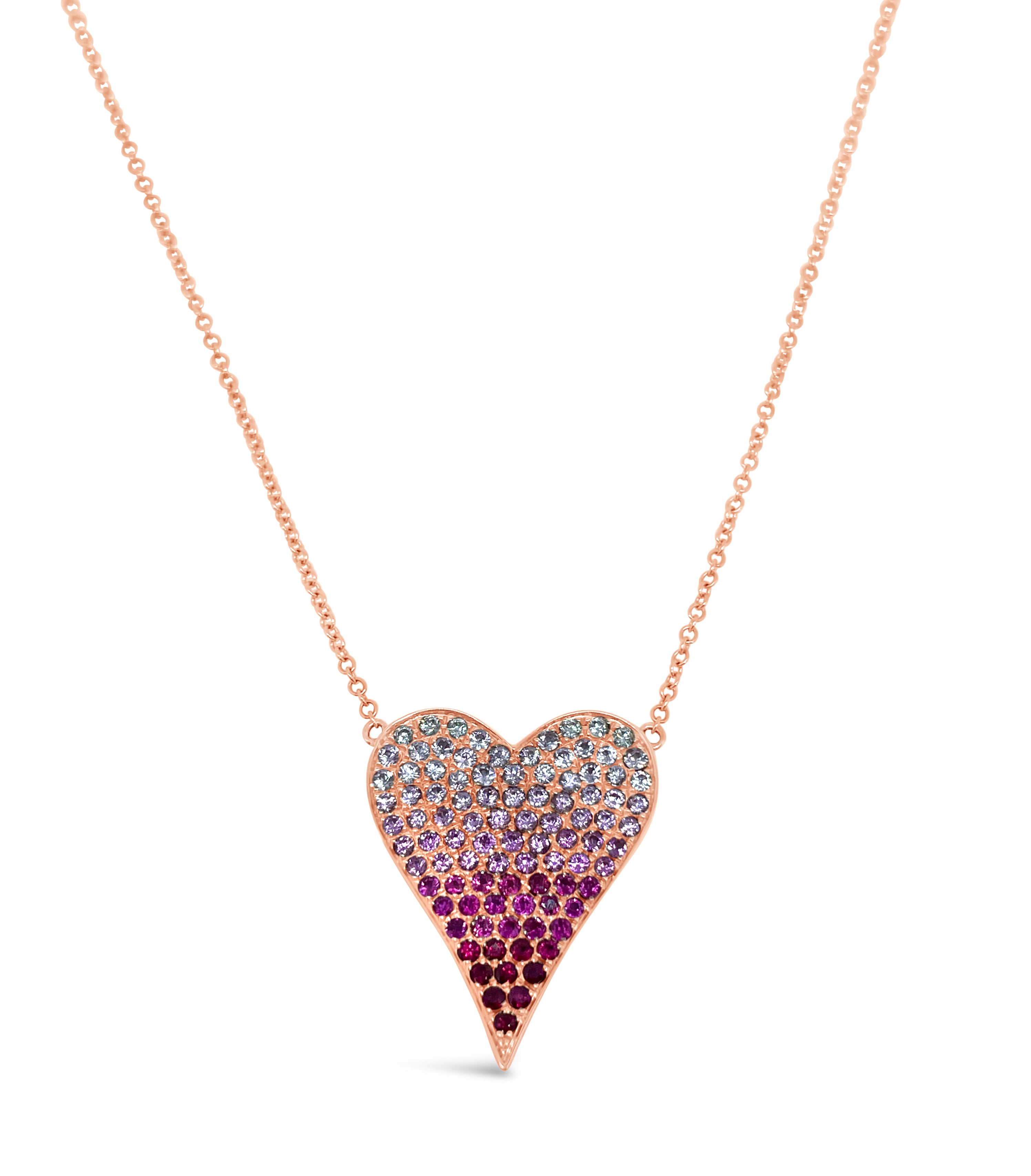 Large Ombre Pink Sapphire and Diamond Heart Necklace