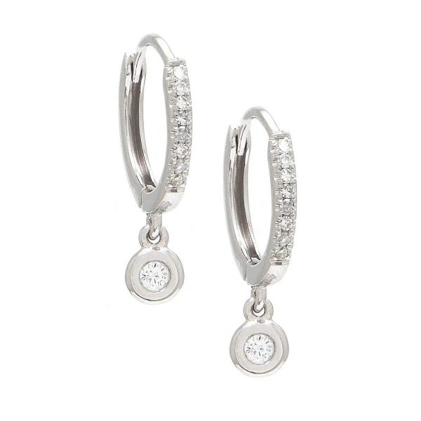 Diamond huggie earrings with bezel diamond drop