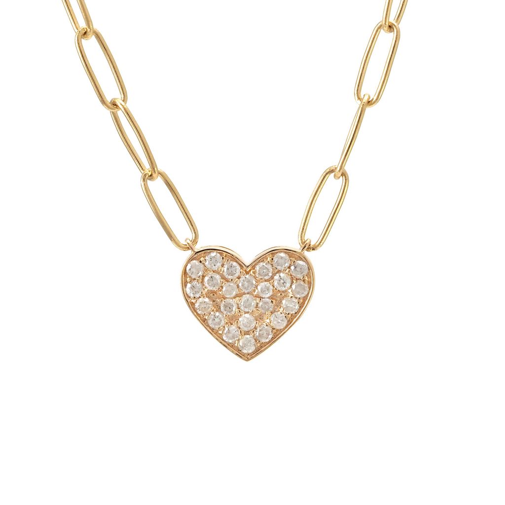 Paperclip Necklace With Pave Diamond Heart